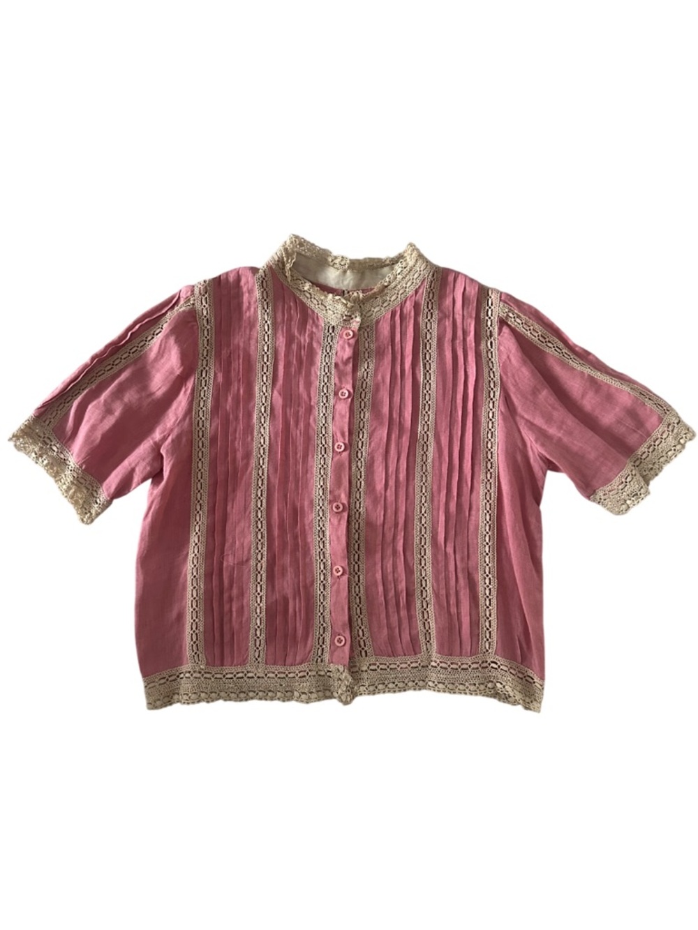 Vintage Pink Linen Button Front Crochet Trim Blouse